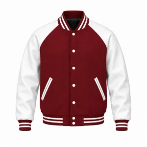 Men's cardinal wool and white leather retro varsity jacket, front view