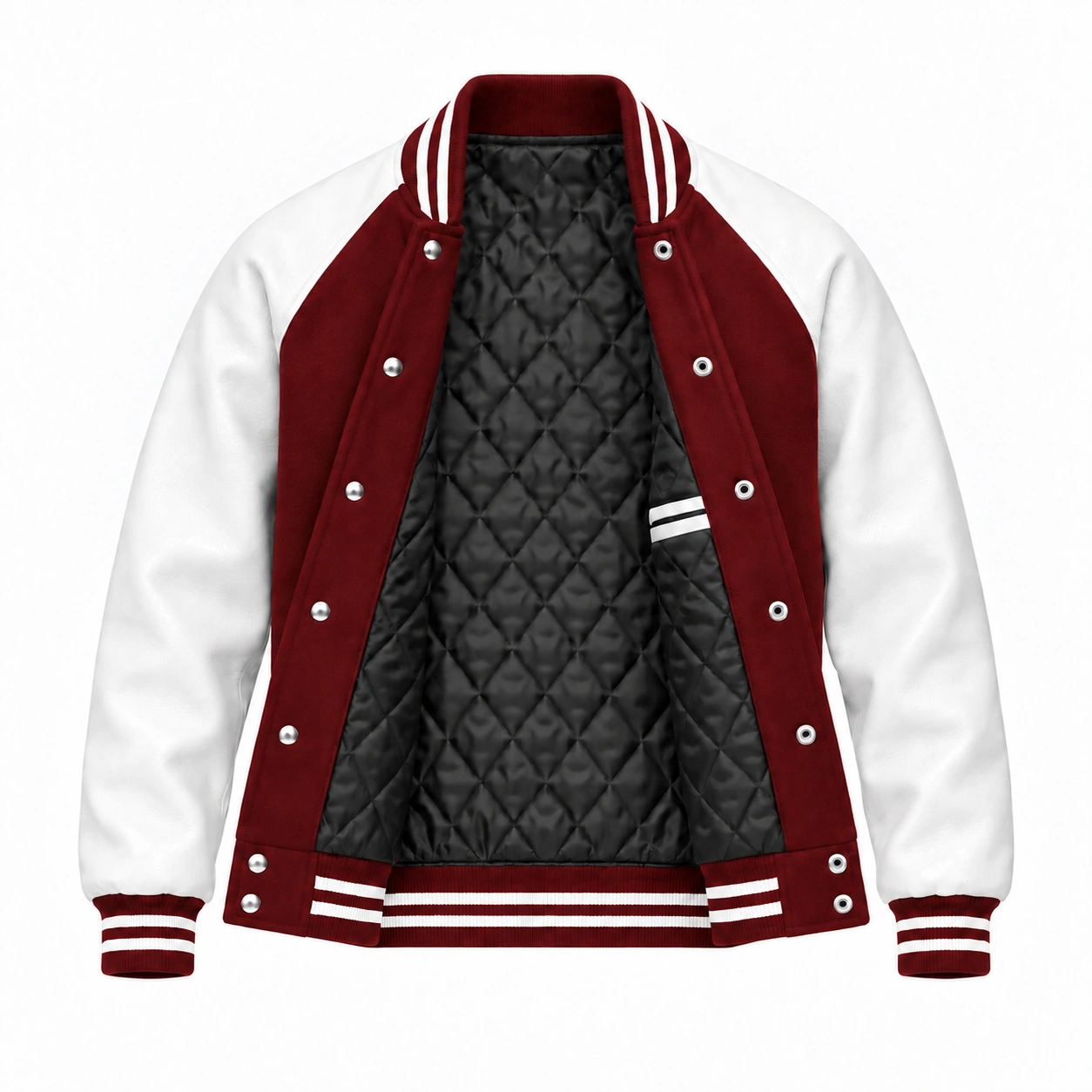 Men's cardinal wool and white leather retro varsity jacket, open view showing black quilted lining and left interior pocket
