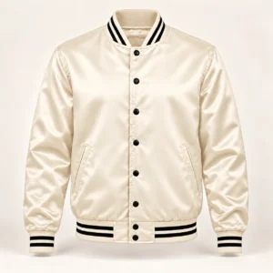 Men’s Cream Satin Varsity Jacket – Black Stripe Trim — front view