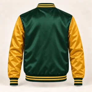 Men’s Forest Green & Gold Satin Varsity Jacket — back view