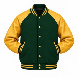 Men's forest green wool and gold leather retro varsity jacket, sleeves tucked into front pockets
