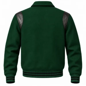 Men's Forest Green Wool Retro Varsity Jacket – Black Leather Accents - back view