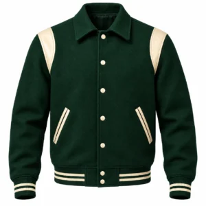 Men's Forest Green Wool Retro Varsity Jacket – Natural Cream Leather Accents - front view