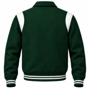 Men's Forest Green Wool Retro Varsity Jacket – White Leather Accents - back view