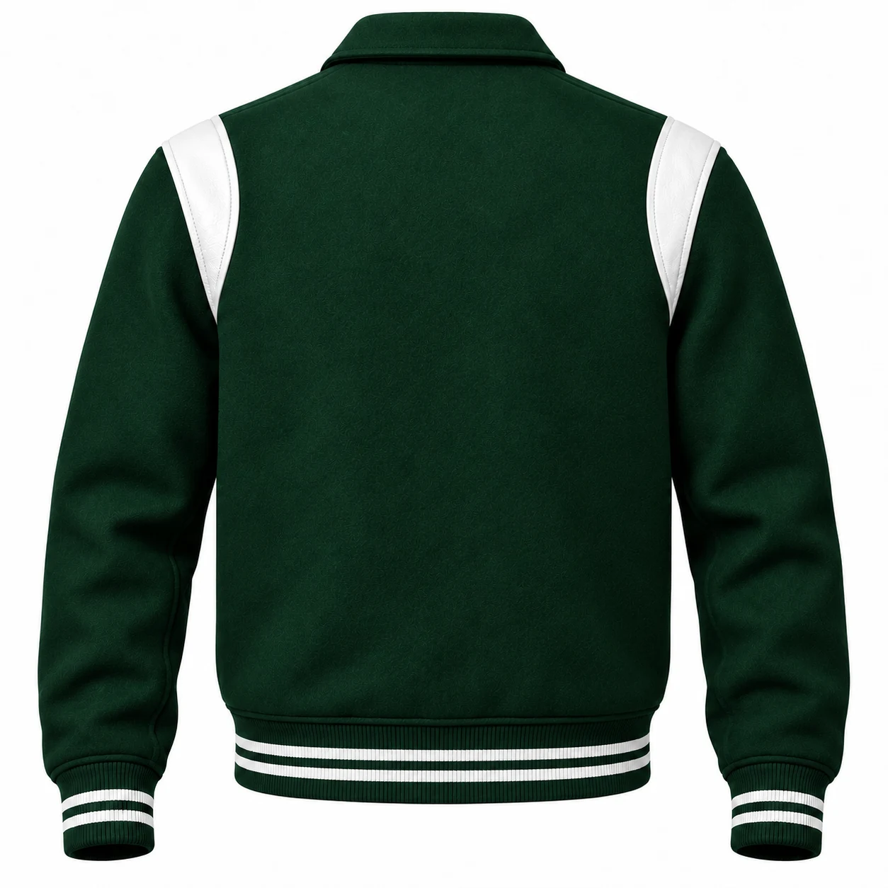 Men's Forest Green Wool Retro Varsity Jacket – White Leather Accents - back view