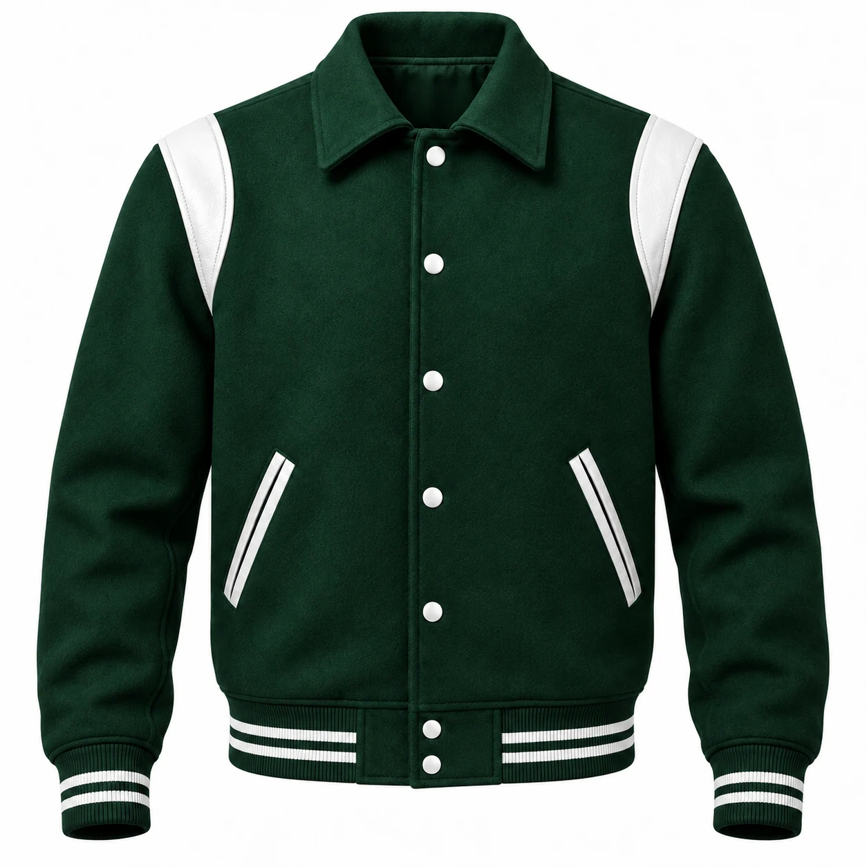 Men's Forest Green Wool Retro Varsity Jacket – White Leather Accents - front view