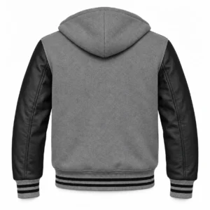 Men's Grey Wool / Black Leather Hooded Varsity Jacket — back view
