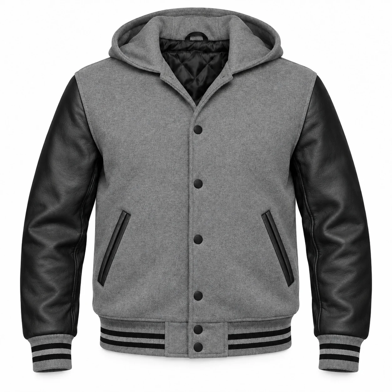 Men's Grey Wool / Black Leather Hooded Varsity Jacket — front view