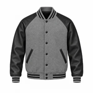 Men's grey wool and black leather retro varsity jacket, front view