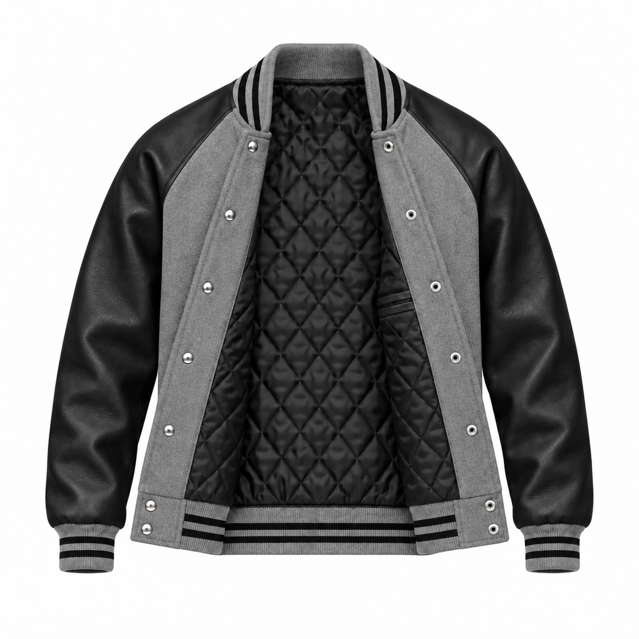 Men's grey wool and black leather retro varsity jacket, open view showing black quilted lining and left interior pocket