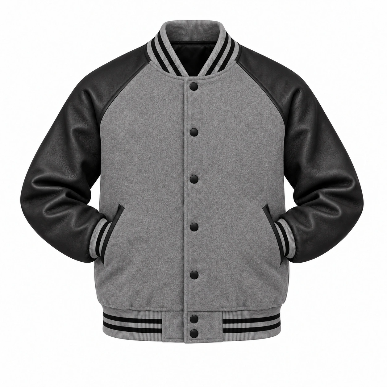 Men's grey wool and black leather retro varsity jacket, sleeves tucked into front pockets