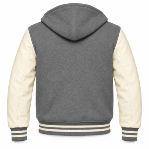 Men's Grey Wool / Natural Cream Leather Hooded Varsity Jacket — back view