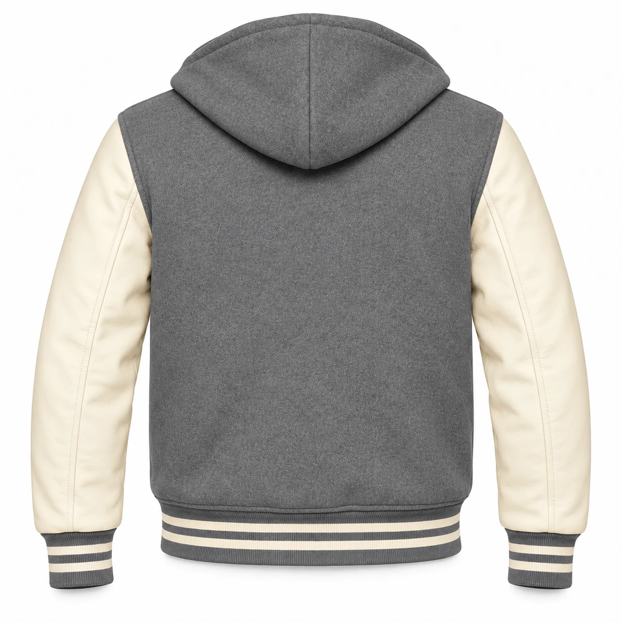 Men's Grey Wool / Natural Cream Leather Hooded Varsity Jacket — back view