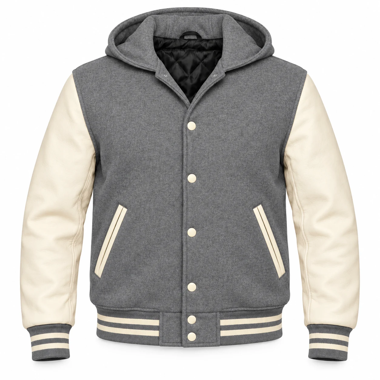 Men's Grey Wool / Natural Cream Leather Hooded Varsity Jacket — front view