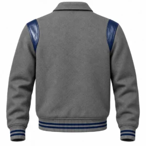 Men's Grey Wool Retro Varsity Jacket – Navy Blue Leather Accents - back view
