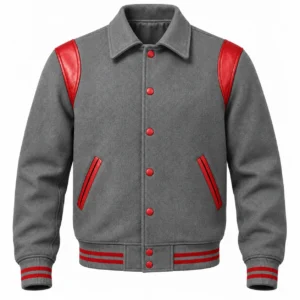 Men's Grey Wool Retro Varsity Jacket – Red Leather Accents - front view