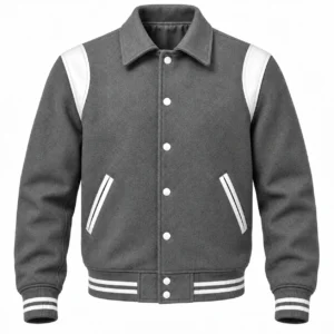Men's Grey Wool Retro Varsity Jacket – White Leather Accents - front view