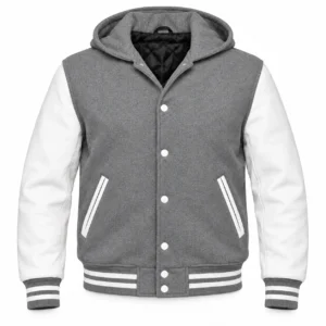 Men's Grey Wool / White Leather Hooded Varsity Jacket — front view