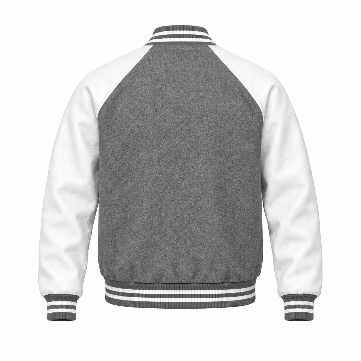 Men's grey wool and white leather retro varsity jacket, back view