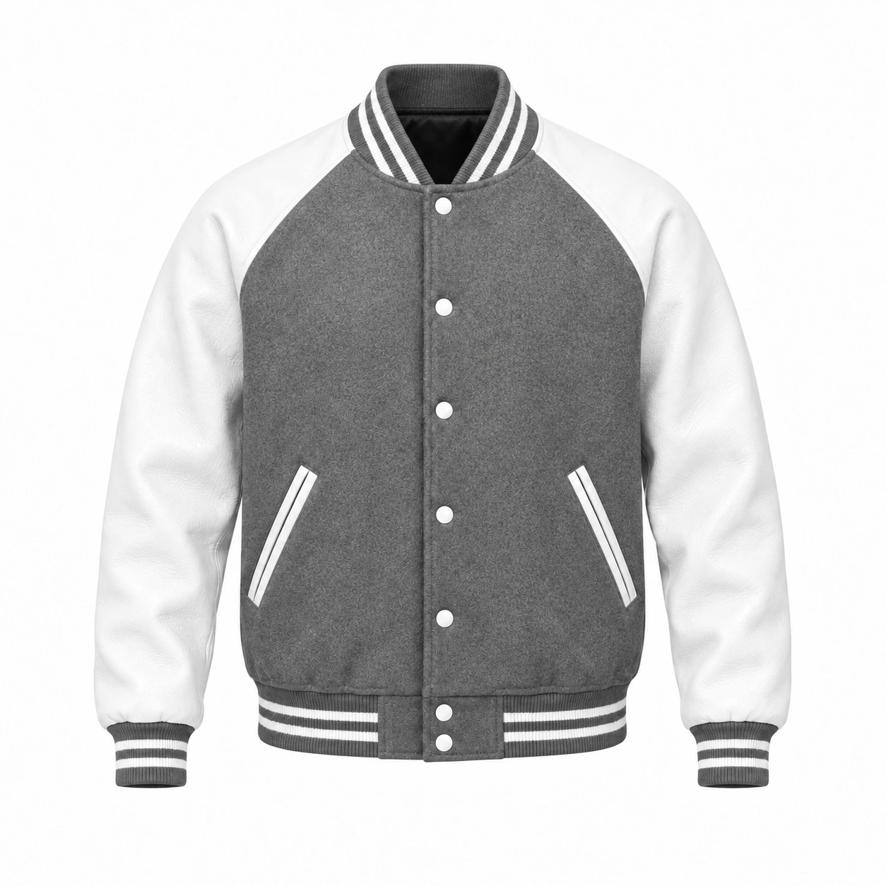 Men's grey wool and white leather retro varsity jacket, front view