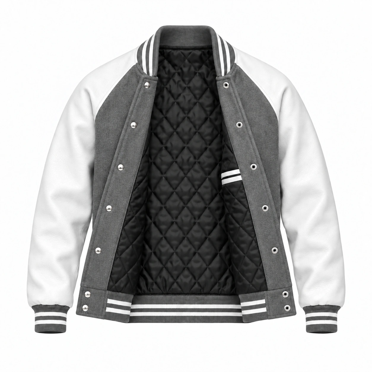 Men's grey wool and white leather retro varsity jacket, open view showing black quilted lining and left interior pocket