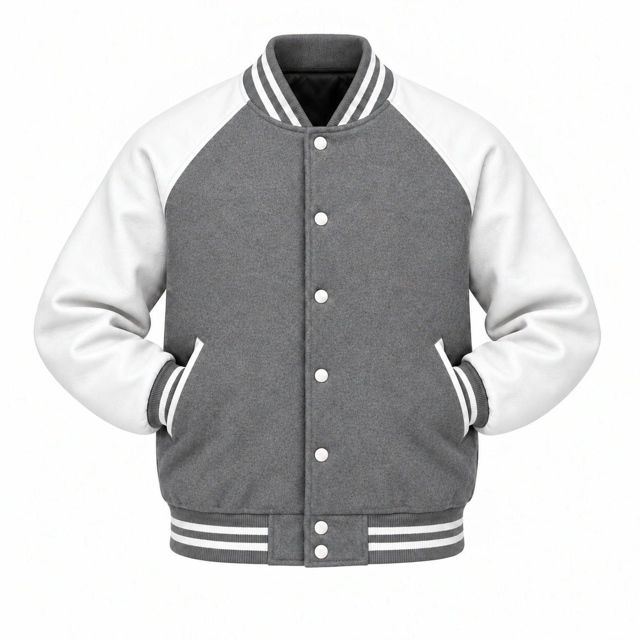 Men's grey wool and white leather retro varsity jacket, sleeves tucked into front pockets