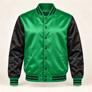 Men’s Kelly Green & Black Satin Varsity Jacket — front view