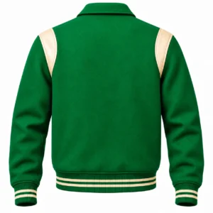 Men's Kelly Green Wool Retro Varsity Jacket – Natural Cream Leather Accents - back view