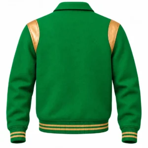 Men's Kelly Green Wool Retro Varsity Jacket – Tan Leather Accents - back view
