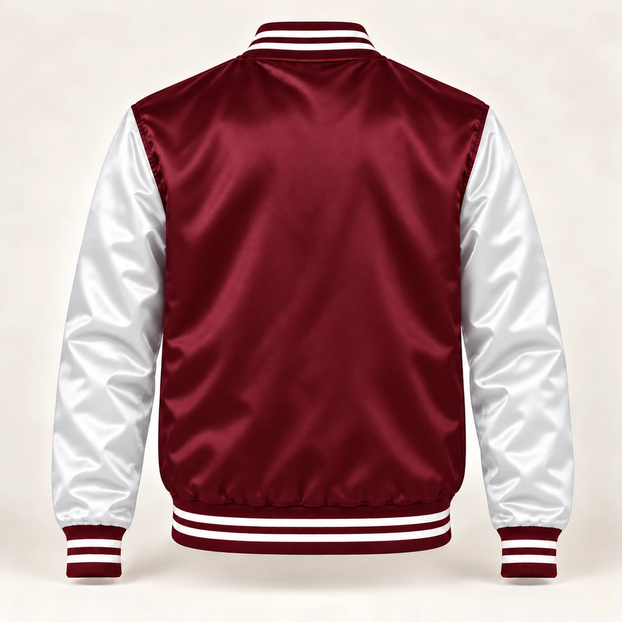 Men’s Maroon & White Satin Varsity Jacket — back view