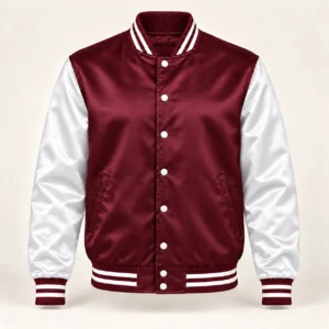 Men’s Maroon & White Satin Varsity Jacket — front view