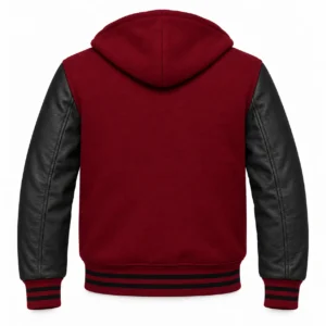 Men's Maroon Wool / Black Leather Hooded Varsity Jacket — back view