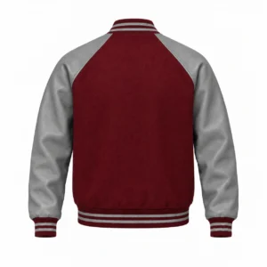 Men's maroon wool and grey leather retro varsity jacket, back view