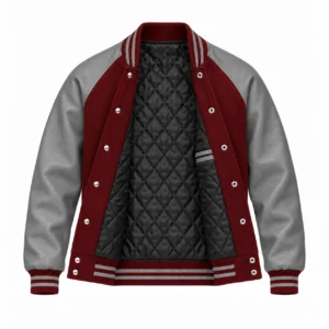 Men's maroon wool and grey leather retro varsity jacket, open view showing black quilted lining and left interior pocket