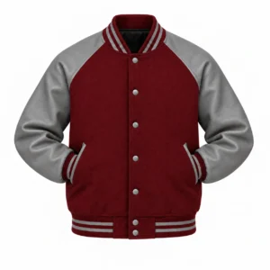 Men's maroon wool and grey leather retro varsity jacket, sleeves tucked into front pockets