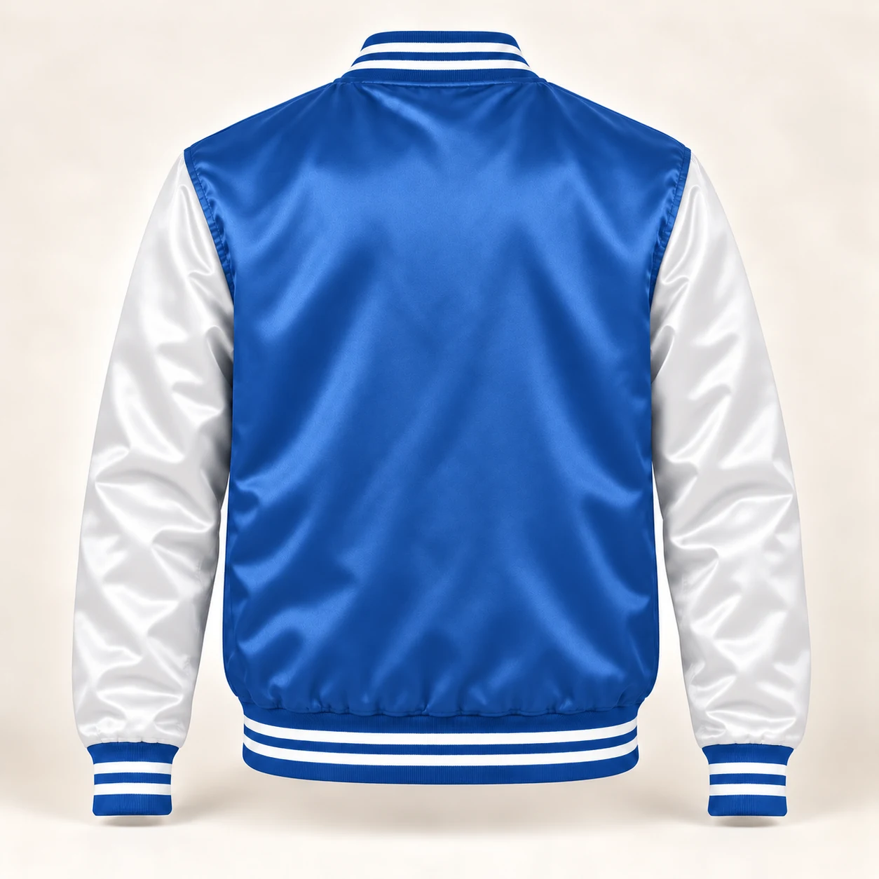 Men’s Medium Blue & White Satin Varsity Jacket — back view