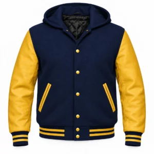 Men's Navy Blue Wool / Gold Leather Hooded Varsity Jacket — front view