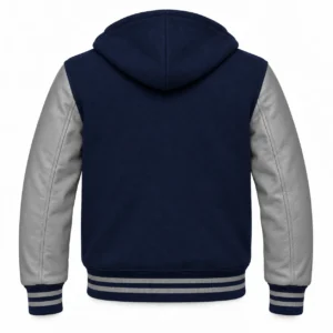 Men's Navy Blue Wool / Grey Leather Hooded Varsity Jacket — back view