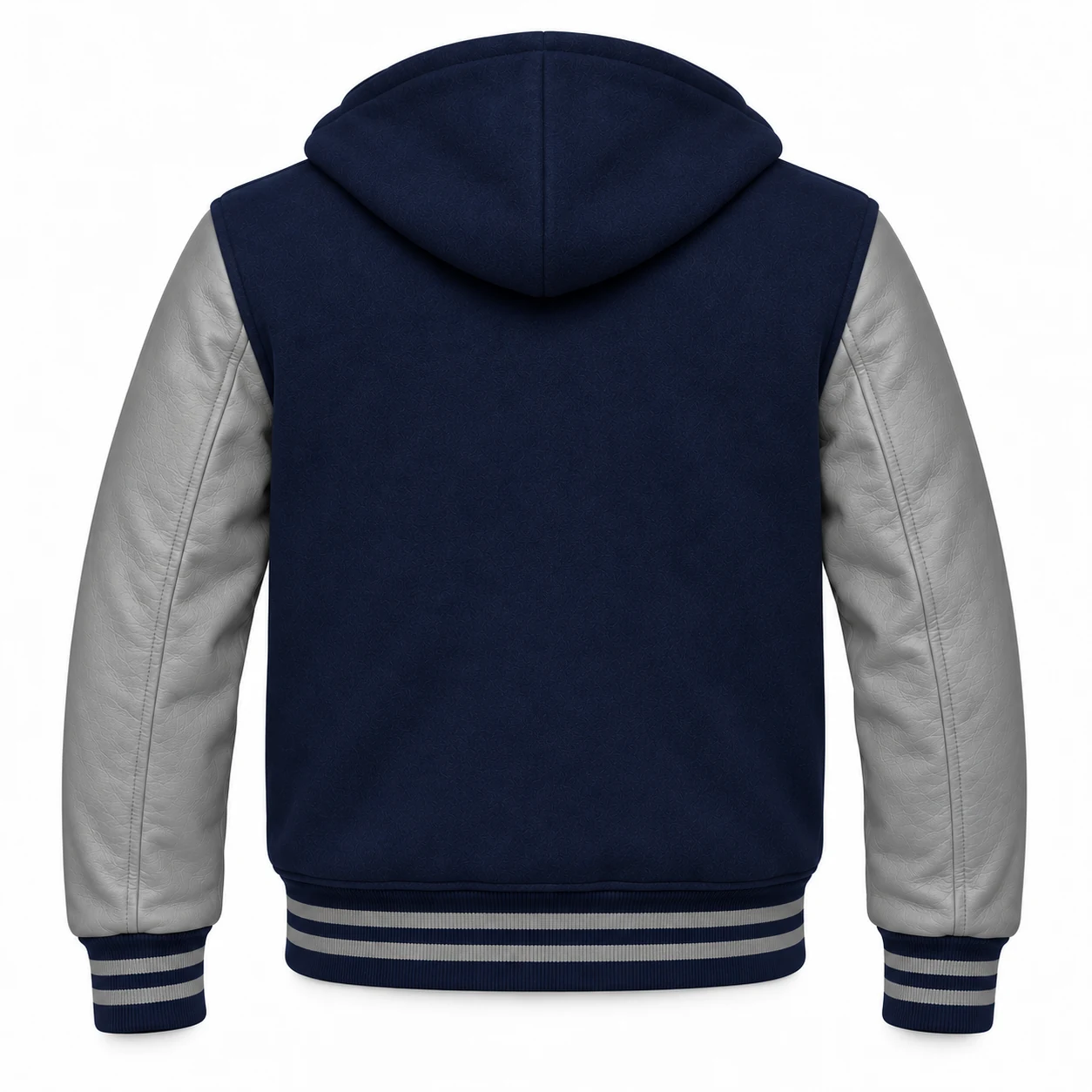 Men's Navy Blue Wool / Grey Leather Hooded Varsity Jacket — back view