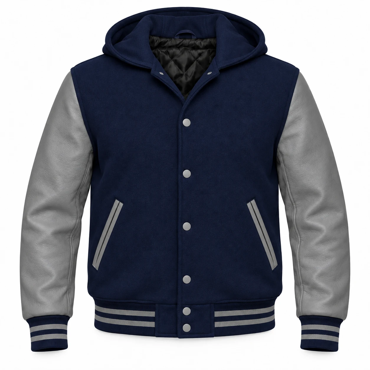 Men's Navy Blue Wool / Grey Leather Hooded Varsity Jacket — front view