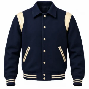 Men's Navy Blue Wool Retro Varsity Jacket – Natural Cream Leather Accents - front view