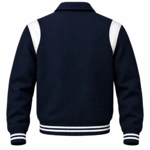 Men's Navy Blue Wool Retro Varsity Jacket – White Leather Accents - back view