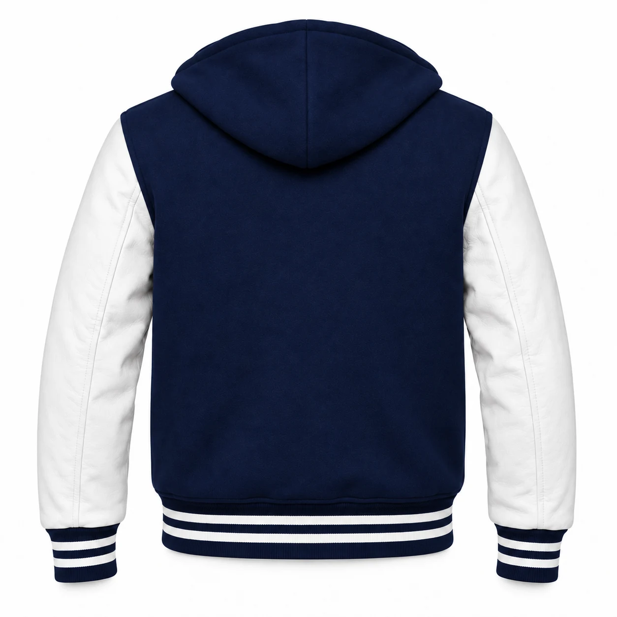 Men's Navy Blue Wool / White Leather Hooded Varsity Jacket — back view