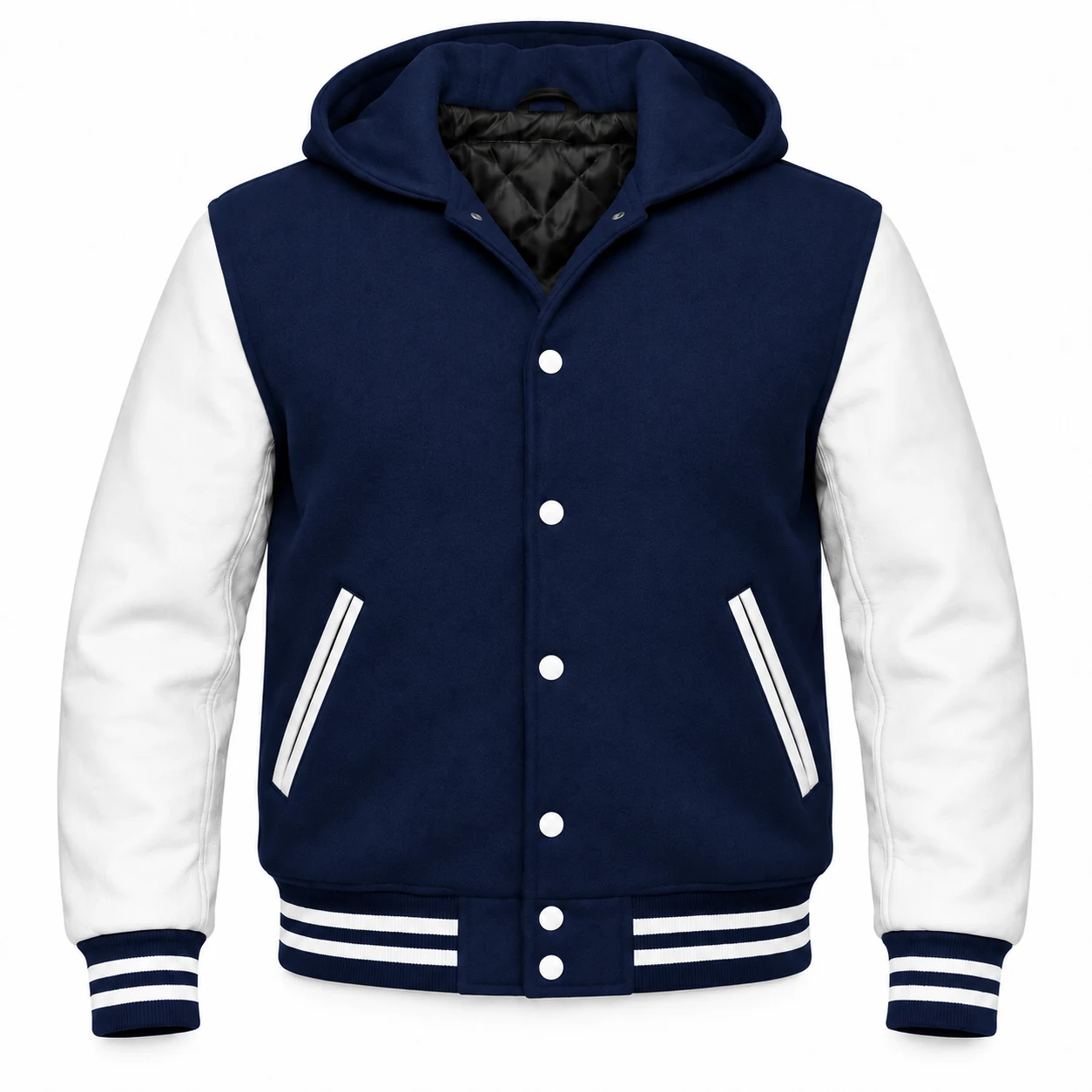 Men's Navy Blue Wool / White Leather Hooded Varsity Jacket — front view