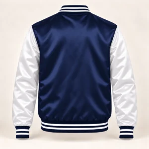 Men’s Navy & White Satin Varsity Jacket — back view