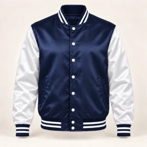 Men’s Navy & White Satin Varsity Jacket — front view