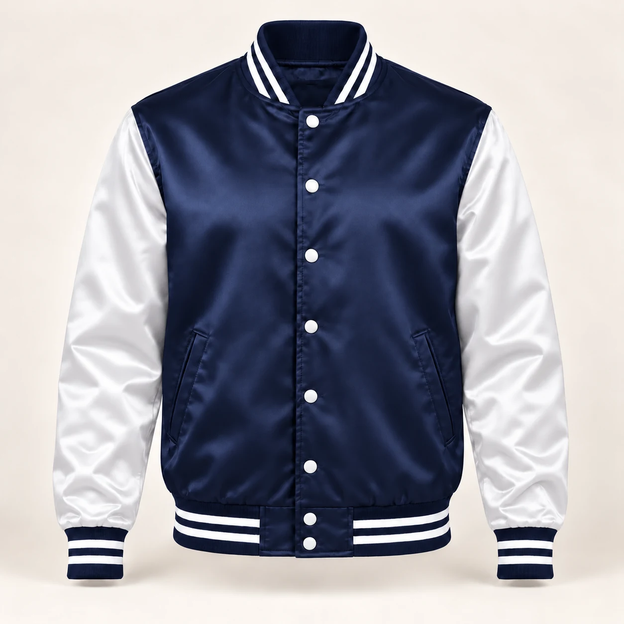 Men’s Navy & White Satin Varsity Jacket — front view