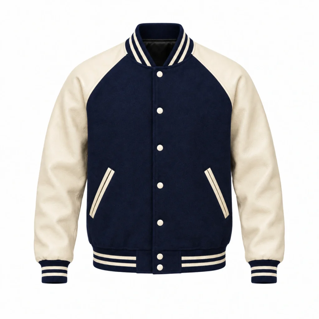 Navy wool and natural leather retro varsity jacket, front view