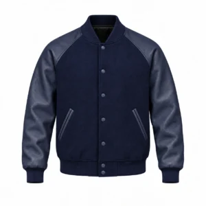 Men's navy blue wool and navy blue leather retro varsity jacket, front view, solid navy knit trim