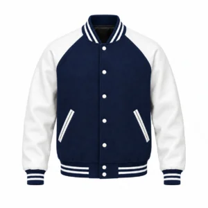 Men's navy blue wool and white leather retro varsity jacket, front view